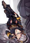  breasts bridal_gauntlets cleavage finger_to_face fire_emblem fire_emblem_if highres long_hair looking_at_viewer medium_breasts sandals silver_eyes silver_hair smile solo splashbrush syalla_(fire_emblem_if) upside-down 