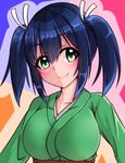  blue_hair blush breasts green_eyes hair_ribbon highres japanese_clothes kantai_collection large_breasts looking_at_viewer mutsura outline ribbon short_hair short_twintails simple_background smile solo souryuu_(kantai_collection) twintails upper_body 