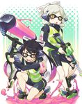  2girls aori_(splatoon) bike_shorts black_hair brown_eyes commentary domino_mask fangs grey_hair gun headgear hero_charger_(splatoon) hero_roller_(splatoon) highres holding hotaru_(splatoon) ink_tank_(splatoon) kneeling long_hair long_sleeves looking_at_viewer mask mole mole_under_eye multiple_girls open_mouth oversized_object paint_roller paint_splatter rifle shirt shoes short_hair single_vertical_stripe smile sneakers sniper_rifle splatoon_(series) splatoon_1 spoilers squidbeak_splatoon standing takano_itsuki vest weapon 