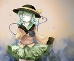  blouse closed_eyes collared_shirt frilled_shirt frilled_sleeves frills green_hair green_skirt hat hat_ribbon highres kokuneko_(graycat06) komeiji_koishi long_sleeves ribbon shirt skirt solo third_eye touhou yellow_shirt 