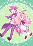  1girl :d apron aroma_(go!_princess_precure) aroma_(go!_princess_precure)_(human) bloomers blue_eyes blush_stickers bow bowtie brooch brother_and_sister butler cup formal frills full_body go!_princess_precure green_background jewelry kousetsu long_hair open_mouth pants pantyhose personification pink_hair pink_skirt precure puff_(go!_princess_precure) puff_(go!_princess_precure)_(human) purple_eyes purple_hair red_bow red_footwear shoes siblings skirt smile suit teacup tray twintails underwear white_bloomers white_legwear 
