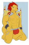  abs anthro anthrofied border bulge clothing digimon digital_media_(artwork) english_text flat_colors front_view jockstrap kneeling looking_at_viewer male muscles naughty_face nipples pecs scalie shoulder_pads solo stripes-the-raccoon tail_between_legs text underwear underwear_pull wargreymon 