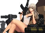  aqua_eyes assault_rifle audrey_(herowarz) black_bra bra breasts cleavage collarbone crossed_legs daeho_cha earrings gatling_gun grey_hair gun hand_to_own_mouth herowarz highres hoop_earrings jacket jewelry large_breasts lips long_hair looking_at_viewer rifle see-through sitting solo underwear unfinished weapon 