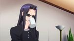  1girl animated animated_gif black_hair business_suit coffee cup glasses long_hair monster_musume_no_iru_nichijou ms._smith solo standing 