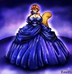  2015 absurd_res anthro big_breasts blue_eyes breasts cleavage clothed clothing dress elbow_gloves eyewear female fur glasses gloves hair hi_res huge_breasts looking_at_viewer orange_fur red_hair short_hair solo standing tatara94 unknown_species white_fur 