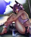  abs bakuya barefoot beach bikini blush bottle breasts day eyepatch highres huge_breasts kantai_collection muscle open_mouth plaid purple_hair sandals short_hair sitting solo swimsuit tenryuu_(kantai_collection) white_bikini yellow_eyes 