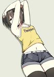  armpits arms_up black_legwear blue_eyes brown_hair clothes_writing covering_face denim denim_shorts embarrassed hair_between_eyes highres looking_at_viewer lying midriff navel on_back original short_hair shorts simple_background sky_(freedom) sky_(sky-freedom) solo tank_top thighhighs 