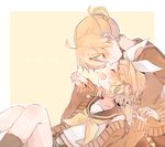  1girl ahoge blonde_hair blush brother_and_sister closed_eyes hair_ornament hair_ribbon hairclip heart holding_hands kagamine_len kagamine_rin necktie niwa_(ejizon) ribbon sailor_collar short_hair short_ponytail siblings twins vocaloid white_ribbon 