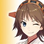  ;) blue_eyes brown_hair gradient gradient_background grin hairband hiei_(kantai_collection) kantai_collection konishi_(koconatu) lowres nontraditional_miko one_eye_closed short_hair smile solo upper_body 