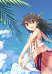  :d artist_name bare_shoulders black_hair blue_sky brown_eyes cloud day hair_ornament hairclip haruna_(kantai_collection) headgear jewelry kantai_collection kuro-kun_(nablack) long_hair looking_at_viewer midriff navel nontraditional_miko open_mouth palm_tree pleated_skirt red_skirt ring sarashi skirt sky sleeveless smile solo tree 