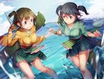  absurdres blue_hair blue_sky blurry blush breasts brown_hair clenched_teeth cloud commentary_request day depth_of_field flight_deck gloves green_eyes hair_ribbon highres hiryuu_(kantai_collection) holding_hands japanese_clothes kantai_collection large_breasts looking_at_another multiple_girls ocean partly_fingerless_gloves pg_(pgouwoderen) pleated_skirt ribbon short_hair short_twintails skirt sky souryuu_(kantai_collection) splashing standing teeth twintails yugake 