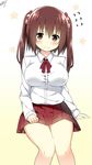  blush breasts brown_eyes brown_hair ebina_nana flying_sweatdrops highres himouto!_umaru-chan large_breasts long_hair pleated_skirt red_skirt school_uniform sitting skirt sky_(freedom) solo twintails uniform wavy_mouth 