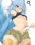  ? blue_hair blue_wings breasts cowboy_shot feathered_wings feathers food harpy highres karatakewari midriff monster_girl monster_musume_no_iru_nichijou navel navel_insertion one_eye_closed open_mouth papi_(monster_musume) popsicle short_shorts shorts simple_background small_breasts solo_focus unbuttoned underboob white_background wings yellow_eyes 