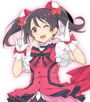  \m/ black_hair bow earrings gloves hair_bow hair_ornament hairclip happy_birthday highres jewelry kira-kira_sensation! love_live! love_live!_school_idol_project makita_(twosidegekilove) one_eye_closed open_mouth red_eyes shirt short_sleeves skirt smile solo twintails white_gloves yazawa_nico 