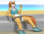  2015 5_fingers alice_(cayo) anthro black_nose canine cayo cleavage clothed clothing dog fan female footwear fur mammal midriff open_mouth ponytail reclining shirt shoes shorts sitting solo tan_fur teeth tongue tongue_out white_fur 