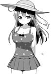  breasts character_name cleavage greyscale hat highres kantai_collection long_hair medium_breasts monochrome polka_dot polka_dot_swimsuit skirt sky_(freedom) solo sun_hat swimsuit translated ushio_(kantai_collection) 