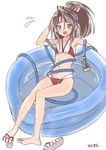  adapted_costume artist_name bikini blush brown_eyes brown_hair flat_chest hair_ribbon headband hose kantai_collection navel open_mouth ponytail ribbon sandals sensen simple_background solo swimsuit tears wading_pool white_background zuihou_(kantai_collection) 