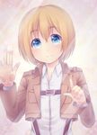  against_glass armin_arlert blonde_hair blue_eyes blush flower_(symbol) highres jacket looking_at_viewer male_focus meji_(asbel18) paradis_military_uniform shingeki_no_kyojin shirt solo uniform 