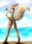  2015 anthro barefoot beach beach_ball big_breasts bikini blush bra breasts brown_fur butt canine clothed clothing cloud female fox fur half-closed_eyes looking_at_viewer mammal outside paws sand seaside side_boob sky smile swimsuit tailzkim text underwear water wet white_fur yellow_eyes 