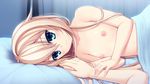  absurdres areolae asami_asami bed blonde_hair blue_eyes blush collarbone curtains flat_chest game_cg gradient gradient_background hand_holding highres kurashiki_azusa long_hair looking_at_viewer lying nipples nude on_side pillow pretty_x_cation_2 smile solo_focus under_covers upper_body 