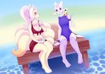  2015 anthro blush breasts canine chest_tuft cleavage clothed clothing dessert female food fox fur hair hindpaw ice_cream legwear long_hair mammal mienshao multiple_tails navel ninetales nintendo outside pastelletta paws pok&eacute;mon pok&eacute;morph red_eyes sitting smile spoon stockings swimsuit tuft video_games water white_fur white_hair wide_hips yellow_fur 