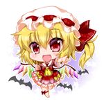  ascot bat blonde_hair bow chibi dress fang flandre_scarlet hat hat_bow mob_cap noai_nioshi open_mouth red_dress red_eyes short_sleeves side_ponytail smile solo standing standing_on_one_leg touhou wings 
