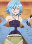  1girl blue_hair highres monster_girl monster_musume_no_iru_nichijou open_mouth papi_(monster_musume) short_hair shorts smile standing stitched 