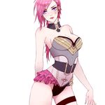  ass_visible_through_thighs blue_eyes breasts choker cleavage corset frills heather37 highres league_of_legends medium_breasts pink_hair red_lips short_hair solo tattoo thigh_strap vi_(league_of_legends) 