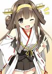  ;d brown_eyes brown_hair detached_sleeves double_bun highres japanese_clothes kantai_collection kongou_(kantai_collection) long_hair miniskirt nontraditional_miko one_eye_closed open_mouth skirt sky_(freedom) smile solo thighhighs v zettai_ryouiki 