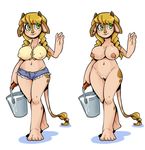  anthro blonde_hair bovine bucket clothed clothing cowgirl dabunnox ear_piercing female freckles green_eyes hair horn mammal milk nipples piercing pussy simple_background skimpy smile solo waving white_background 