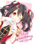  ;) black_hair bow dated epaulettes gloves hair_bow happy_birthday jpeg_artifacts long_hair love_live! love_live!_school_idol_project mocha_(naturefour) one_eye_closed red_eyes smile solo twintails uniform white_gloves yazawa_nico 
