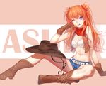  bare_arms bikini_top blue_eyes bojue_yu_yaojing_695657 boots breasts candy character_name cleavage cowboy_boots cowboy_hat food gloves hair_ornament hat lollipop long_hair looking_at_viewer midriff navel neon_genesis_evangelion one_eye_closed orange_hair scarf shorts sitting small_breasts solo souryuu_asuka_langley thighs tongue tongue_out 