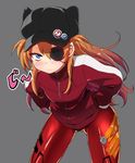  badge bent_over blue_eyes blush button_badge cowboy_shot ereraero eyepatch frown grey_background hands_in_pockets hat jacket long_hair long_sleeves neon_genesis_evangelion orange_hair plugsuit rebuild_of_evangelion shikinami_asuka_langley simple_background solo souryuu_asuka_langley track_jacket 