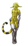  2014 anthro armwear balls big_penis black_scales blonde_hair bottomless claws clothed clothing gecko hair half-closed_eyes half-dressed hand_on_hip humanoid_penis kalnareff legwear lizard long_ears long_penis male navel penis pose reptile scalie simple_background solo stripes teeth toe_claws topless uncut white_background wide_hips yellow_scales 