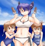  belly_grab bikini brown_eyes brown_hair commentary_request competition_school_swimsuit eyepatch folded_ponytail food girl_sandwich ikayaki ikazuchi_(kantai_collection) inazuma_(kantai_collection) kantai_collection long_hair multiple_girls name_tag one-piece_swimsuit pinching purple_hair sandwiched school_swimsuit short_hair sonnano_ari squid swimsuit tenryuu_(kantai_collection) yellow_eyes 
