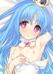  arm_up bare_shoulders blue_hair breasts heart heart-shaped_pupils long_hair nipples original red_eyes sample small_breasts solo symbol-shaped_pupils tatami_to_hinoki 