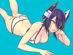  bikini blue_background breasts butt_crack cleavage eyepatch fang head_rest headgear kantai_collection large_breasts leg_up looking_at_viewer lying on_stomach purple_hair short_hair simple_background solo swimsuit tenryuu_(kantai_collection) yellow_eyes yuuji_(and) 