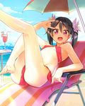  \m/ barefoot beach beach_chair beach_umbrella bendy_straw bikini black_hair blush breasts covered_nipples cup cutie_panther day drinking_straw feet flower ginopi hair_flower hair_ornament long_hair looking_at_viewer love_live! love_live!_school_idol_project open_mouth red_eyes side-tie_bikini small_breasts smile solo swimsuit tropical_drink twintails umbrella underboob yazawa_nico 
