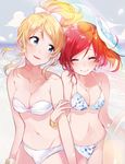  ayase_eli bandeau bikini blonde_hair blue_eyes closed_eyes commentary_request day fly_(marguerite) long_hair love_live! love_live!_school_idol_project multiple_girls nishikino_maki ponytail red_hair short_hair smile swimsuit 