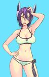  arm_up armpits bare_shoulders bikini blue_background blush breasts cleavage collarbone cowboy_shot eyepatch fang hair_between_eyes headgear kantai_collection large_breasts navel open_mouth purple_hair short_hair simple_background solo swimsuit tenryuu_(kantai_collection) yellow_eyes yuuji_(and) 