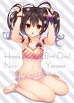 :o ankle_cuffs antenna_hair armband armpits bangs barefoot birthday black_hair blush bow bra bracelet breasts bunching_hair character_name cinderella_bust cleavage collarbone diagonal_stripes feet frilled_bra frilled_panties frills full_body hair_between_eyes hair_ornament hands_up happy_birthday holding holding_hair jewelry looking_at_viewer love_live! love_live!_school_idol_project navel open_mouth panties parted_bangs polka_dot red_bra red_eyes shadow short_hair short_twintails sitting small_breasts solo striped striped_background striped_bra training_bra twintails underwear underwear_only wariza yadapot yazawa_nico 