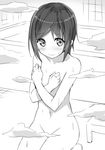  bath covering covering_chest greyscale highres kneeling monochrome navel nude original short_hair sky_(freedom) solo 