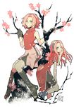  arm_warmers black_gloves boots branch cherry_blossoms dual_persona gloves green_eyes hairband haruno_sakura in_tree knee_boots long_hair looking_at_viewer multiple_girls naruto naruto_(series) naruto_shippuuden older one_eye_closed open_toe_shoes pink_hair retpa shoes short_hair shorts sitting sitting_in_tree smile tree younger zipper zipper_pull_tab 