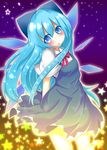  :o alternate_hair_length alternate_hairstyle arms_behind_back blue_bow blue_dress blue_eyes blue_hair blush bow cirno commentary_request dress gradient gradient_background hair_bow highres ice ice_wings long_hair red_ribbon ribbon shirt short_sleeves sky solo sparkle star star_(sky) starry_background starry_sky tadano_inari touhou white_shirt wings 