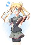  ;d abukuma_(kantai_collection) blonde_hair blue_eyes commentary_request glasses hair_bun kantai_collection one_eye_closed open_mouth remodel_(kantai_collection) shorts shorts_under_skirt skirt smile solo toma_(shinozaki) twintails 