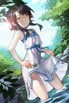  artist_request black_hair breasts day dress dress_lift dutch_angle lens_flare looking_at_viewer mole mole_under_eye outdoors short_hair_with_long_locks sita_vilosa small_breasts solo sundress sunlight sword_girls wading white_dress yellow_eyes 