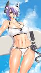  abs bikini breasts day dripping eyepatch food headgear highres inukami_(lupusinukami) kantai_collection kickboard large_breasts navel necktie popsicle purple_hair short_hair solo swimsuit tan tanline tenryuu_(kantai_collection) white_bikini yellow_eyes 