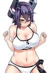  bare_arms bare_shoulders bikini breasts cleavage closed_mouth collarbone eyepatch hair_between_eyes half-closed_eyes hands_up headgear kantai_collection large_breasts looking_at_viewer naughty_face navel purple_eyes simple_background smile solo standing stomach swimsuit tenryuu_(kantai_collection) upper_body white_background yellow_eyes yukinojou_yakan 