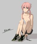  full_body green_eyes grey_background inazuma_eleven_(series) inazuma_eleven_go kirino_ranmaru long_hair male_focus pink_hair shino_(syllable) shirtless shoes shorts simple_background sitting solo twintails tying_shoes watch wristwatch 