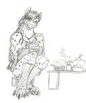  anthro apron basic-hedgehog big_breasts black_hair breasts cleavage clothed clothing drink female food hair hyena looking_at_viewer mammal monochrome muscles sitting smile solo 